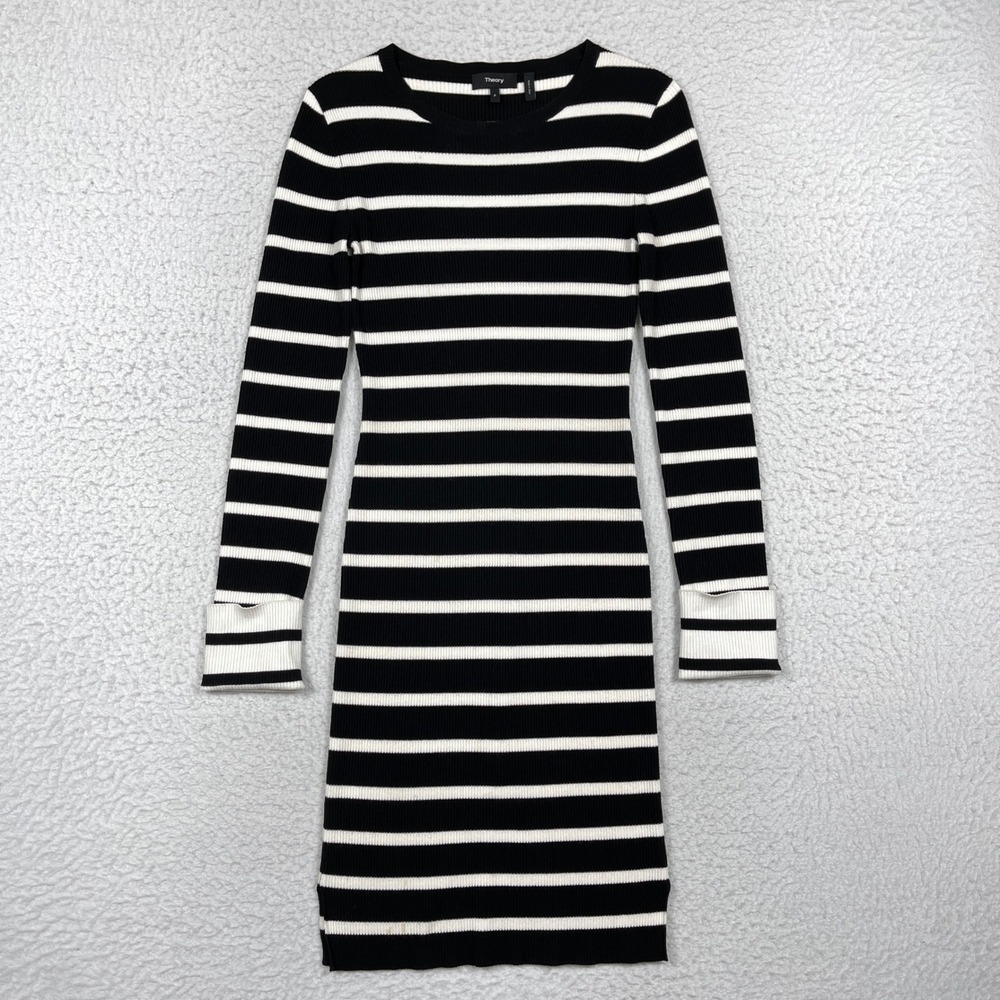 Theory Dress Womens P Black Prosecco Striped Ribbed Knit Sheath Parisian Chic